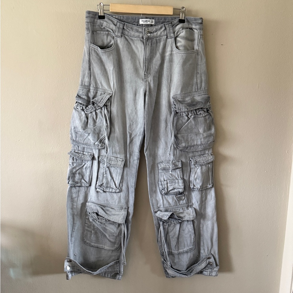 Pull&Bear Grey Multi-Pocket Cybercore 100% Cotton Utility Cargo Pants Size 8